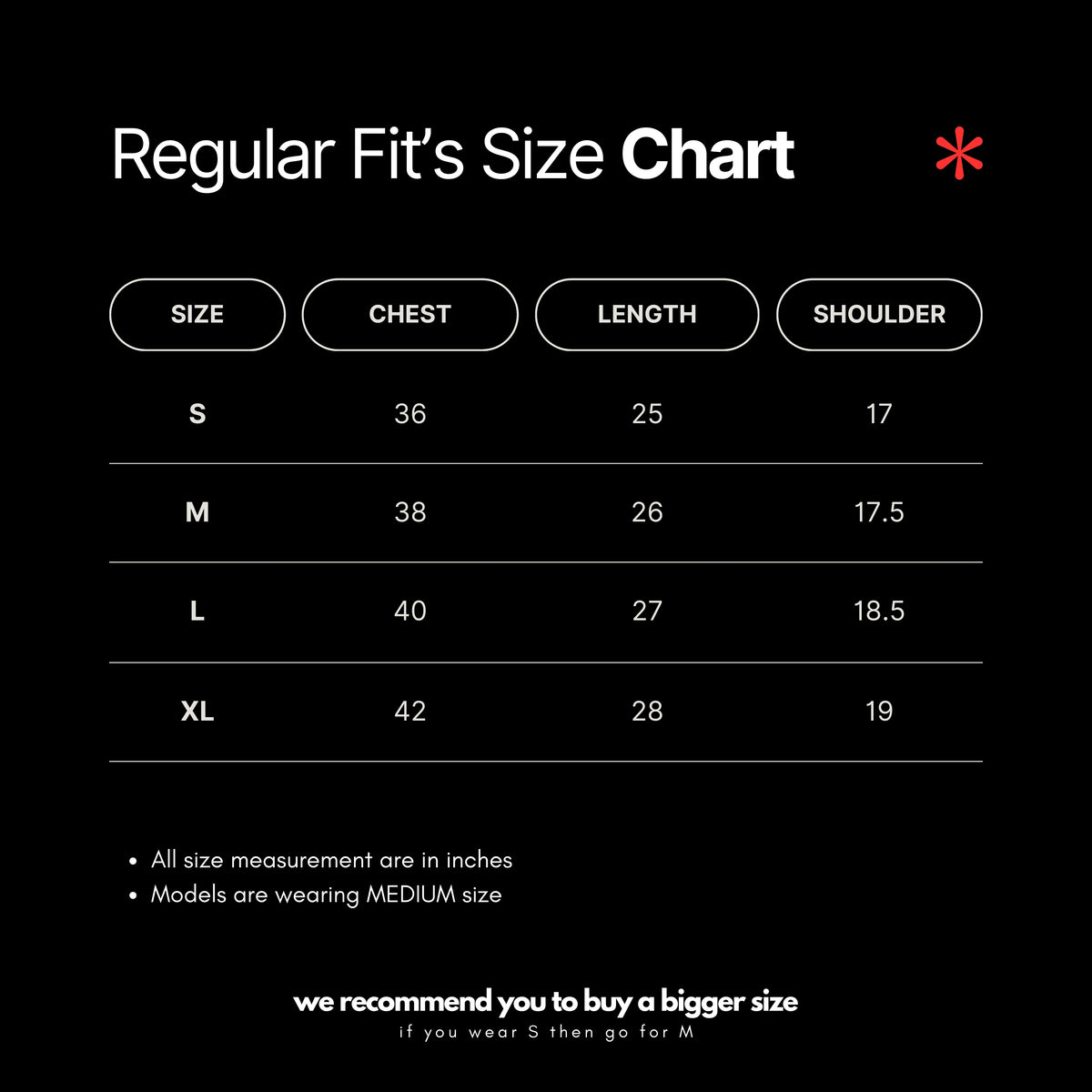 Regular Fit Size Chart