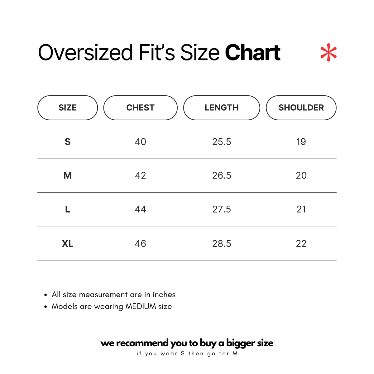 Boxy/Oversized Fit Size Chart